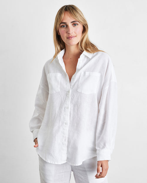 White 100% French Flax Linen Long Sleeve Shirt